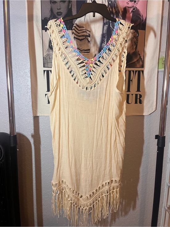 SHEIN Other - SHEIN Cream Fringe Crochet Boho Sleeveless Cover Up Women’s Large